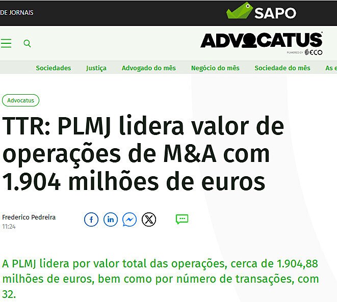 TTR: PLMJ lidera valor de operaes de M&A com 1.904 milhes de euros